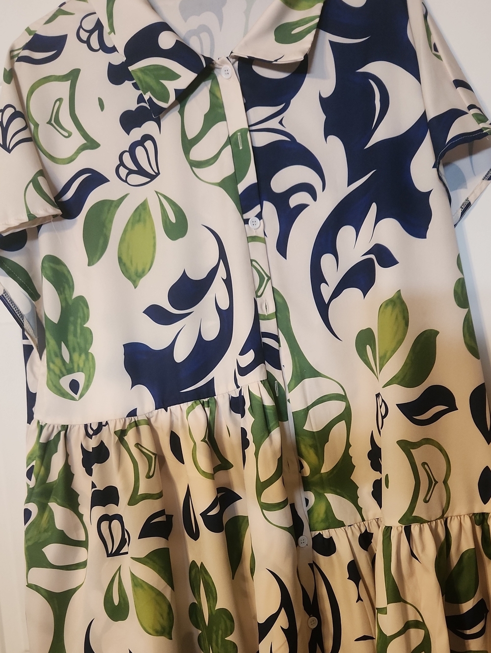 Cream Mini Dress with Green & Navy Floral Print - Picture 3 of 5